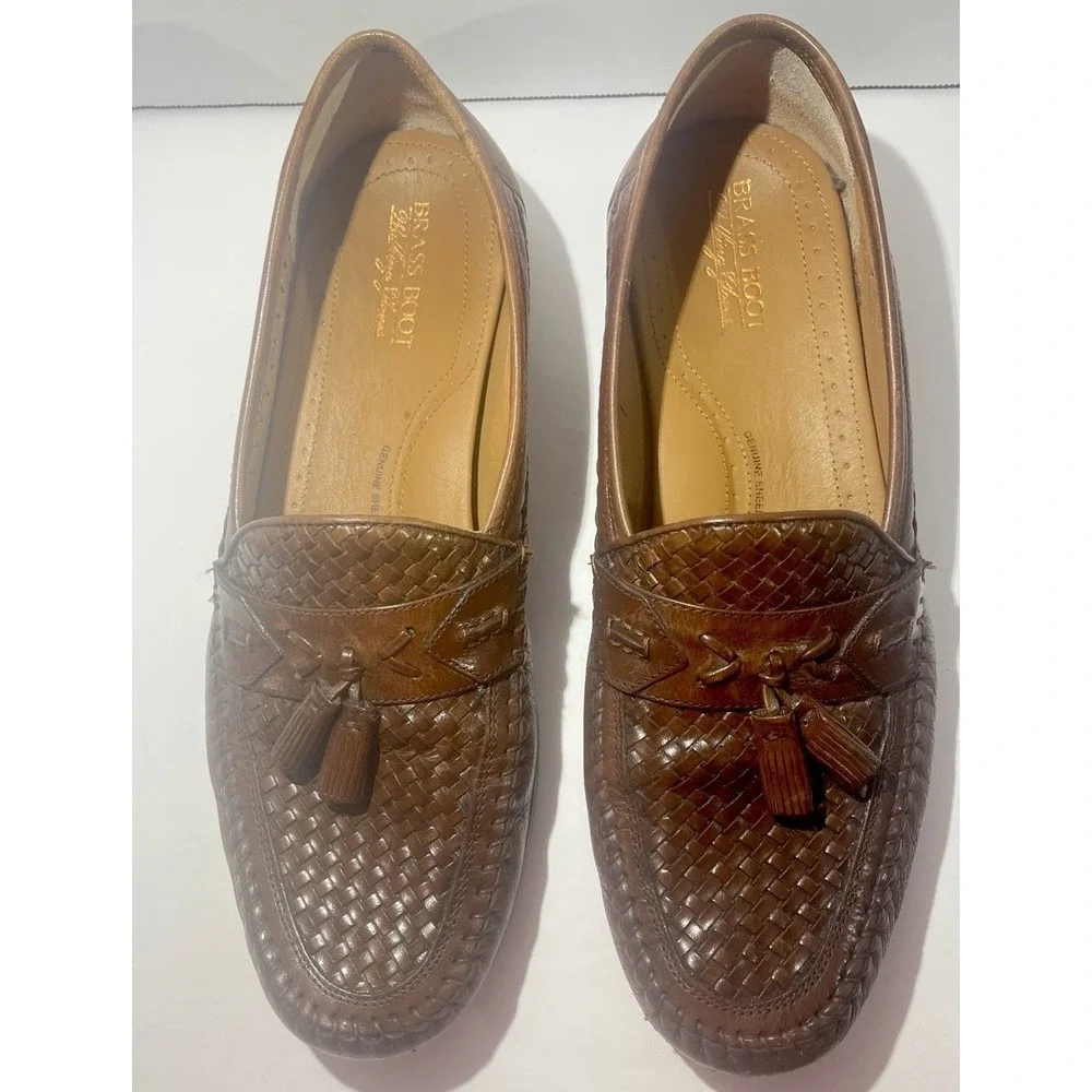 Brass Boot Walking Gloves Brown Woven Tassel Loafers Men's 11.5M Leather Slip On